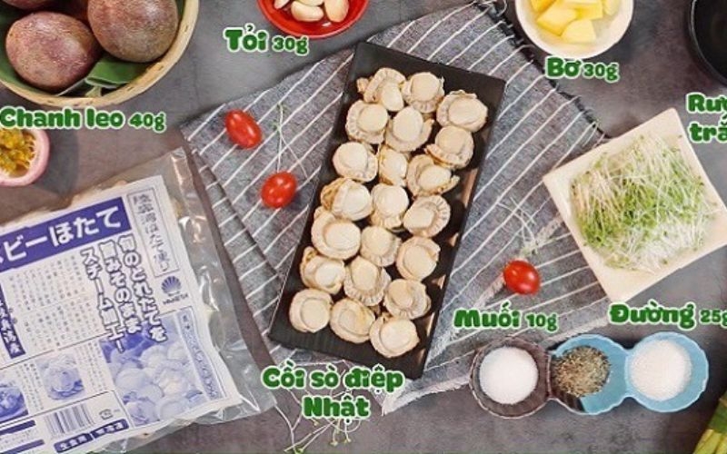 Nguyên liệu salad cồi sò điệp sốt chanh leo.