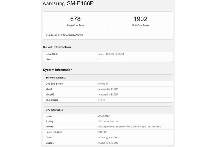 Samsung Galaxy F16 5G xuất hiện trên Geekbench, tiết lộ vi xử lý Dimensity 6300