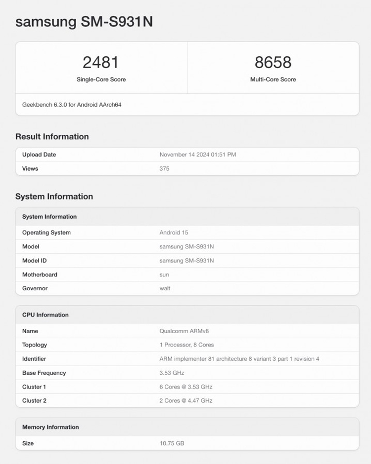 Galaxy S25 (SM-931N) qua bài đánh giá trên Geekbench