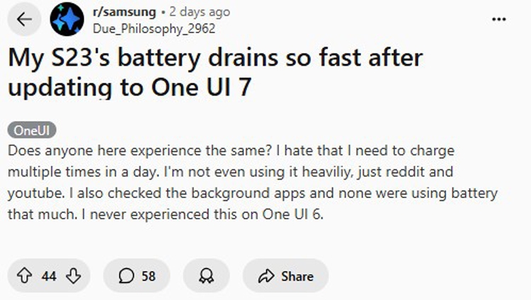 Samsung One UI 7 gây cạn kiệt pin trên Galaxy S23 sau cập nhật - hình 1