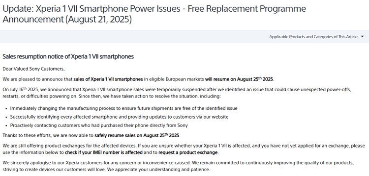 Sony xác nhận Xperia 1 VII trở lại châu Âu sau sự cố kỹ thuật