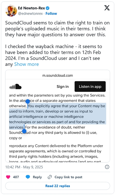 SoundCloud khẳng định không dùng nhạc của nghệ sĩ để huấn luyện AI
