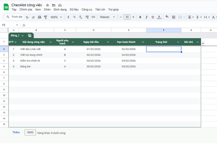 tạo checkbox trong google sheet 2