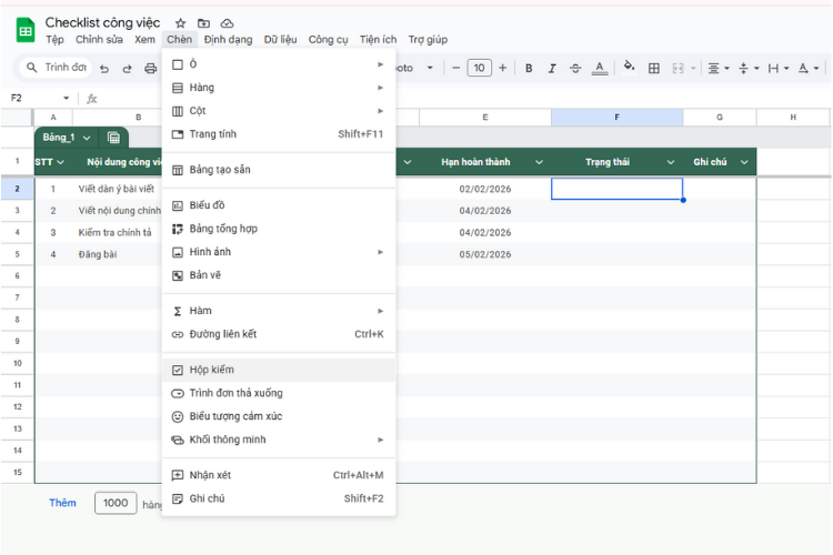 tạo checkbox trong google sheet 3