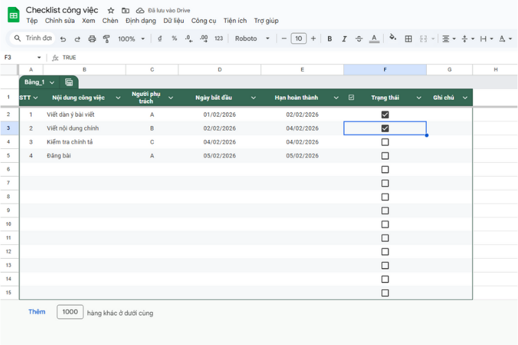 tạo checkbox trong google sheet 1