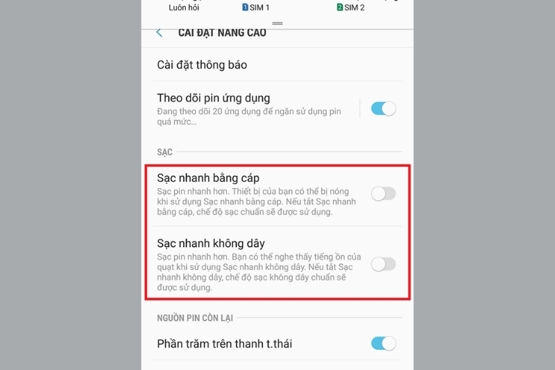 tắt tính năng sạc nhanh Samsung 6