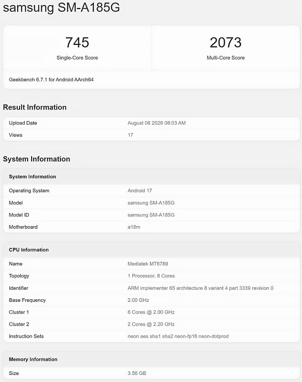 Galaxy A18 4G xuất hiện trên Geekbench 6 với chip MediaTek Helio G99 và Android 17.