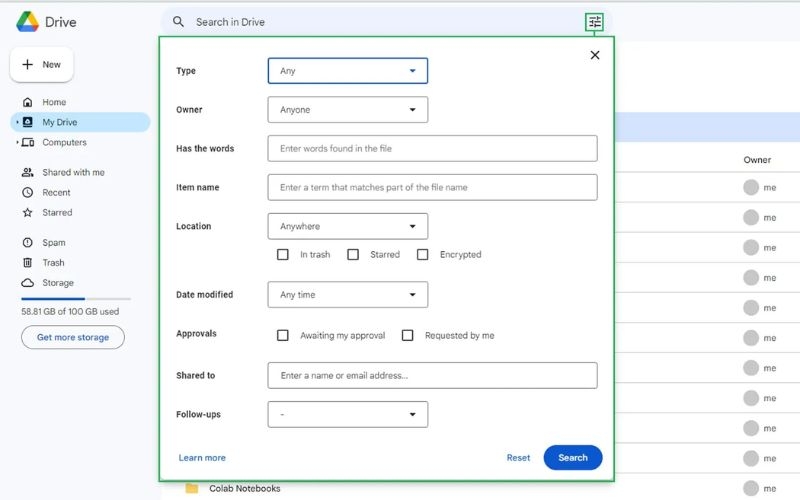 Tính năng tìm kiếm nâng cao trên Google Drive