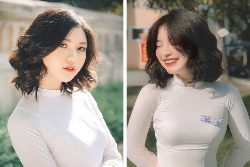 Tóc ngắn mặc áo dài uốn xoăn gợn sóng
