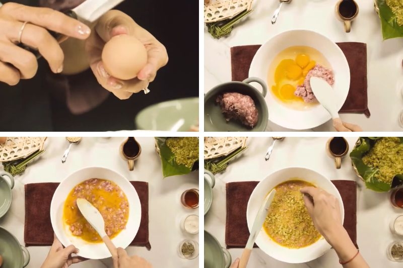 Trứng chiên cốm xanh với thịt ảnh 2