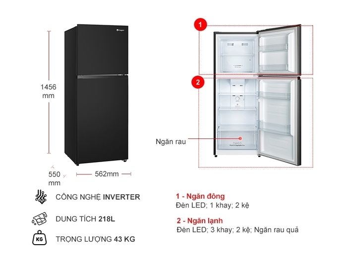 tu lanh mini 2 cua casper inverter 218 lit