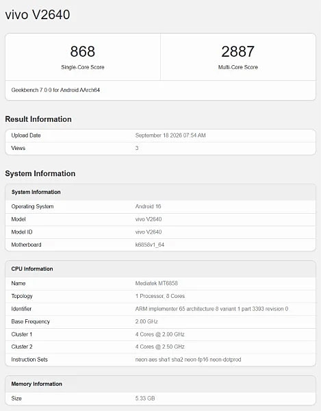 vivo S2 FE xuất hiện trên Geekbench với vi xử lý MediaTek.