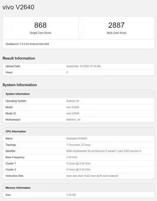 vivo S2 FE đạt 868 điểm đơn nhân và 2.887 điểm đa nhân trên Geekbench với chip MediaTek MT6858.
