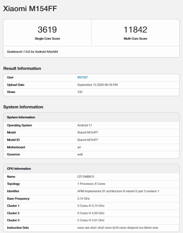 Xiaomi 18 Pro ghi nhận 3.619 điểm đơn nhân và 11.842 điểm đa nhân trên Geekbench 7.
