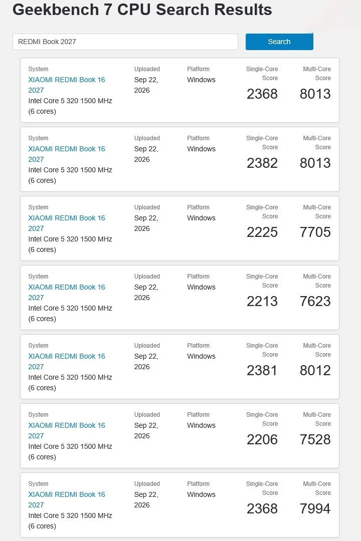 REDMI Book 16 2027 xuất hiện trên Geekbench 7 với kết quả đo hiệu năng đơn nhân và đa nhân.