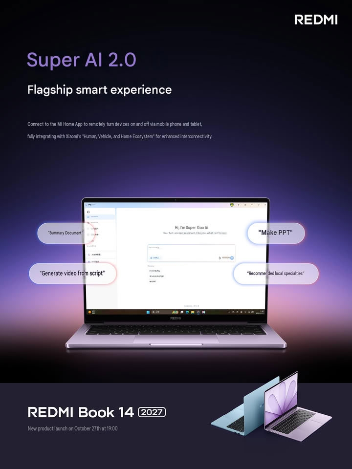Trợ lý Super XiaoAI 2.0 trên REDMI Book 14 2027 hỗ trợ xử lý các tác vụ văn phòng bằng AI.